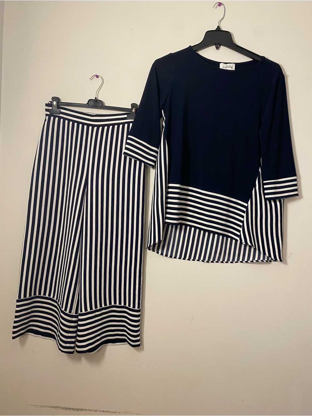 Joseph Ribkoff Navy and White Striped Wide-Leg Pants with Matching Top
